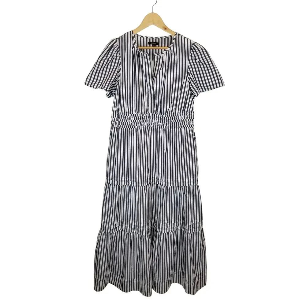Quince Womens 100% Organic Cotton Poplin Tiered Maxi Dress Hudson Stripe Large - Picture 2 of 8